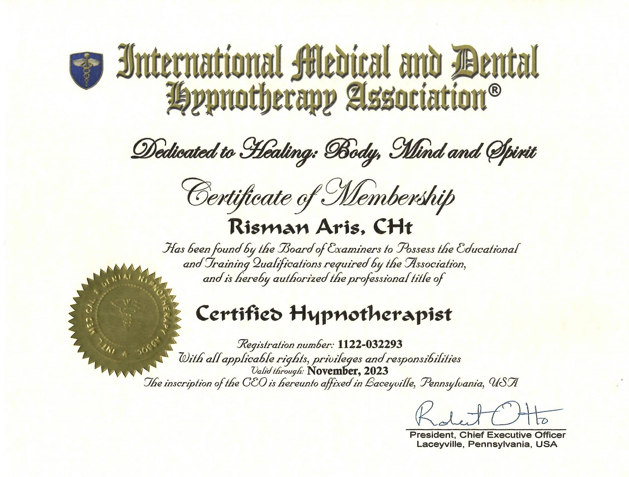 Certified Hypnotherapy (CHt) International Medical Dental Hypnotherapy Association - IMDHA