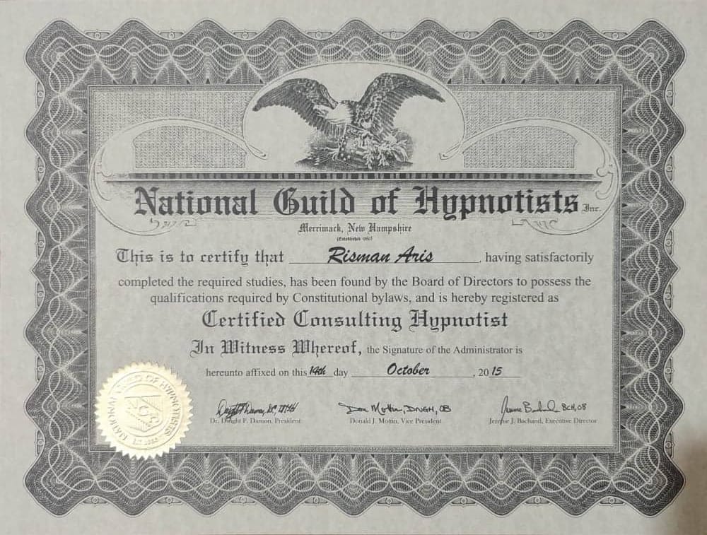 Certified NGH (National Guild of Hypnotist), USA Certified CCH Certified Consulting Hypnotist NGH (National Guild of Hypnotist), USA