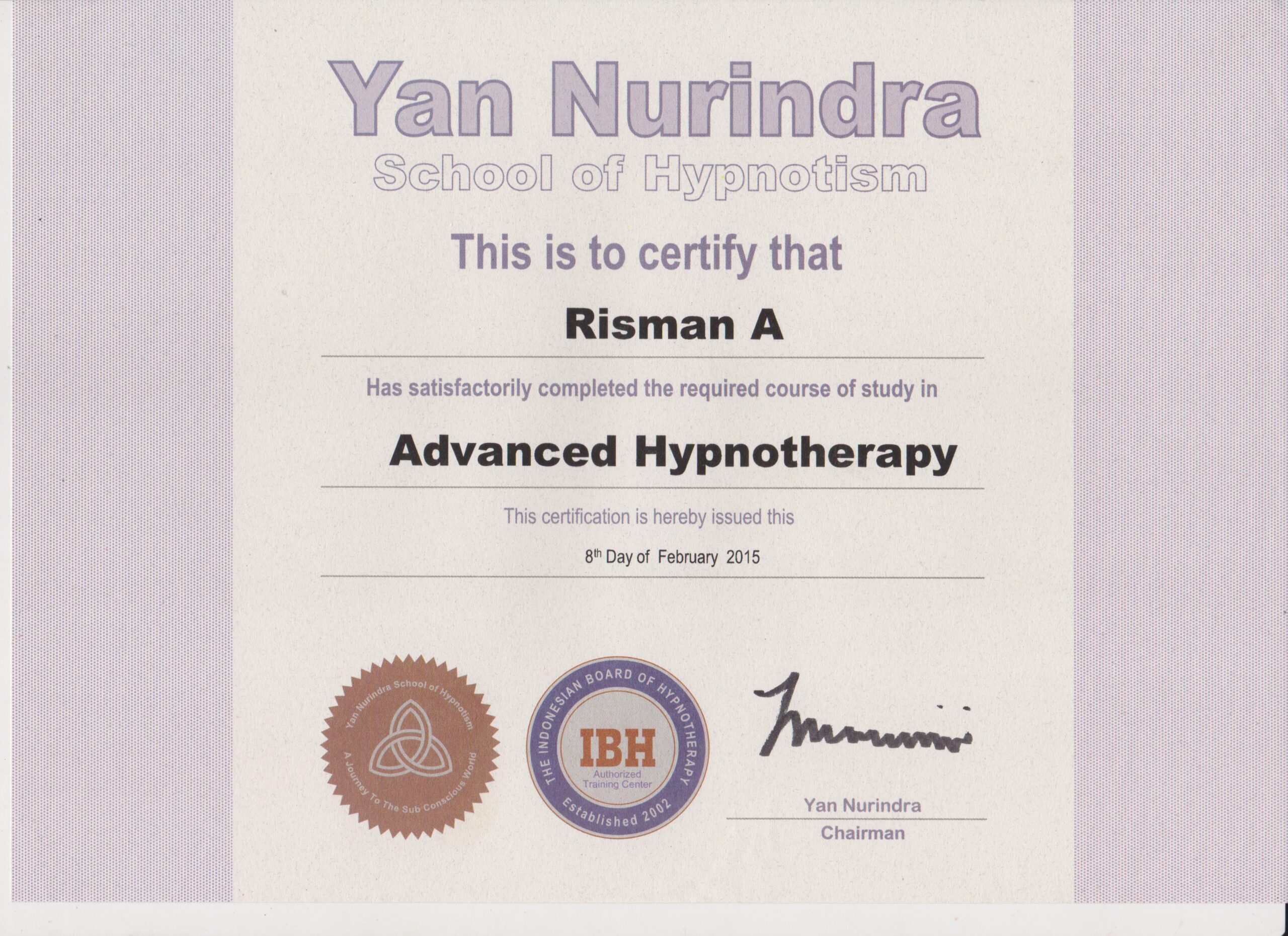 Sertifikat Yan Nurindra School of Hypnotism